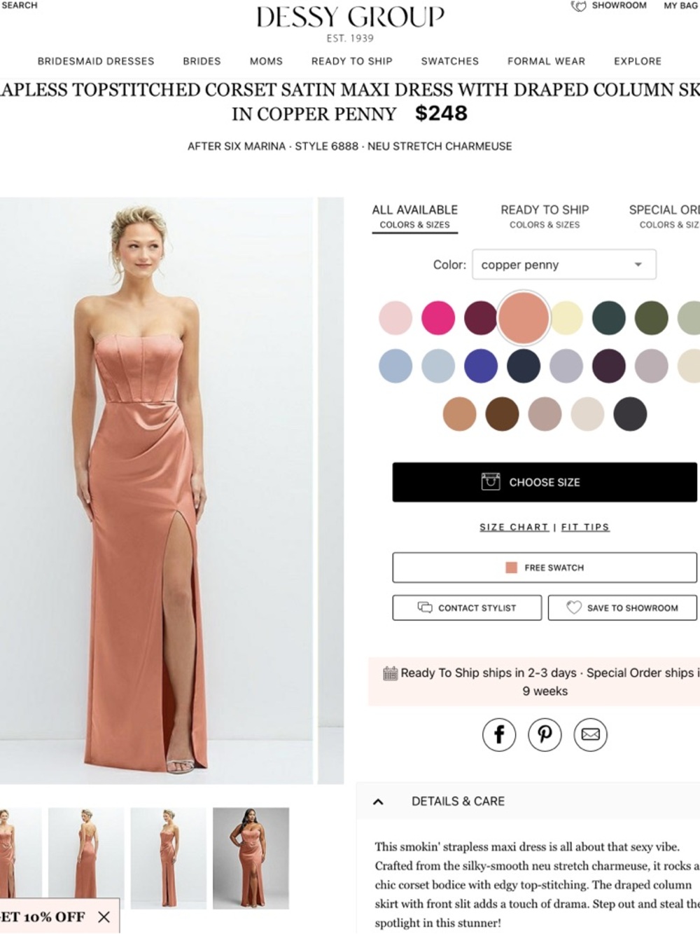 Dessy Collection Strapless Satin Maxi Dress in Copper Penny